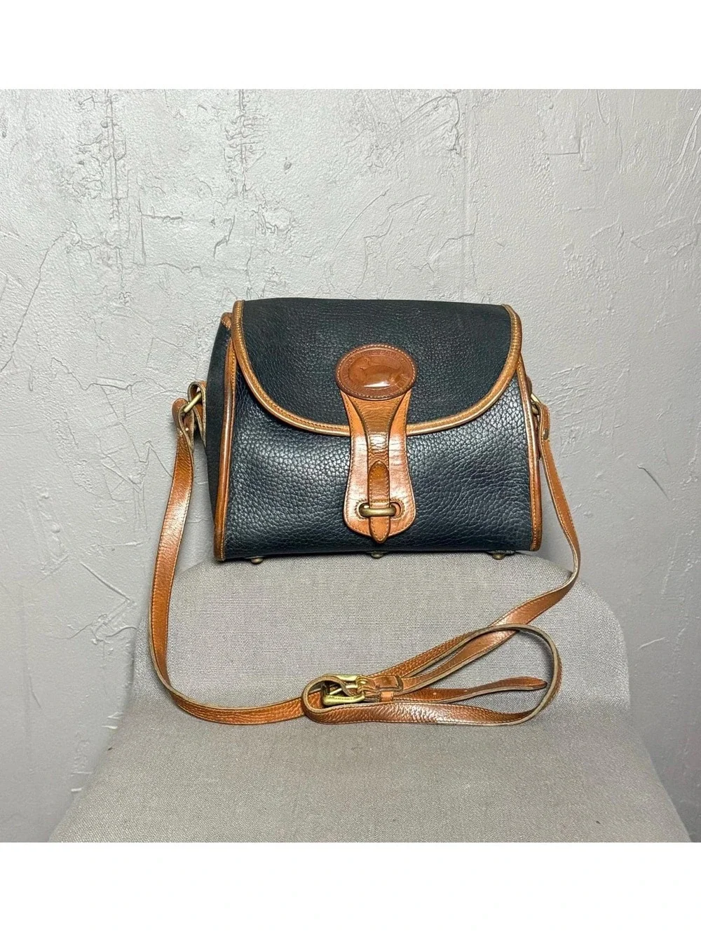 1980's Dooney & Bourke AWL Black + Cognac Brown Essex Bag Pebbled Leather